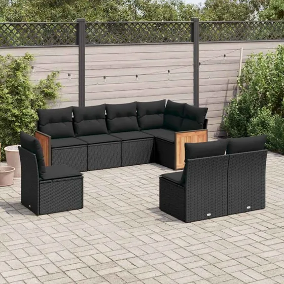 Havesæt 8 dele i sort polyrattan med hynder