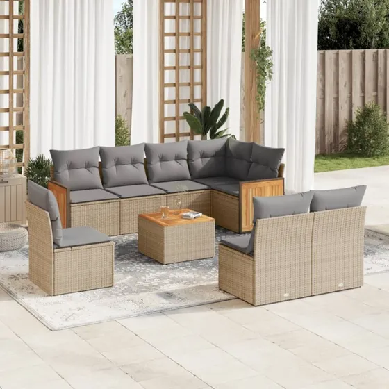 9-del polyrattan sofasæt til haven med hynder - beige