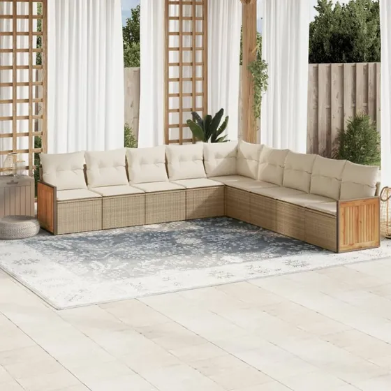 Havesofasæt 9 dele i beige polyrattan med hynder
