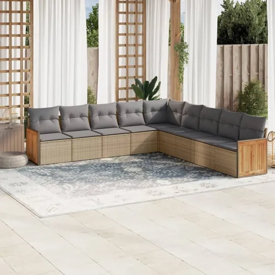 9-delers havemøbelsæt i polyrattan med hynder - beige