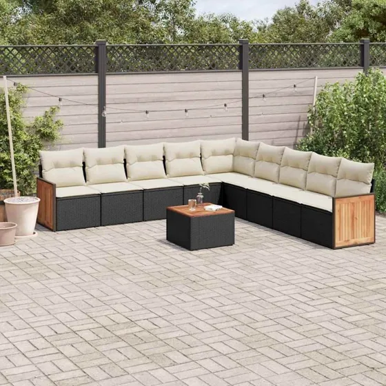 Havesofasæt i polyrattan 10 dele med hynder – sort