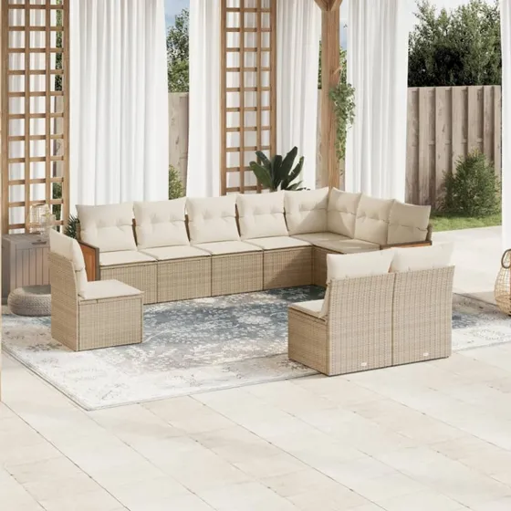 Havesofasæt 10 dele polyrattan beige med hynder