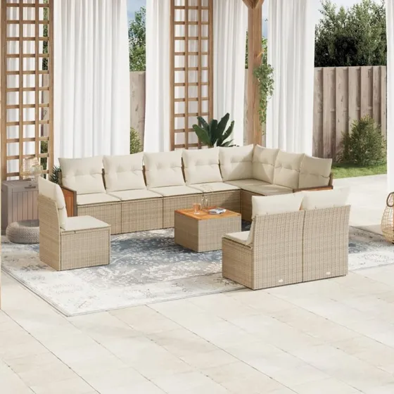 Havesofasæt i polyrattan 11 dele med hynder - beige