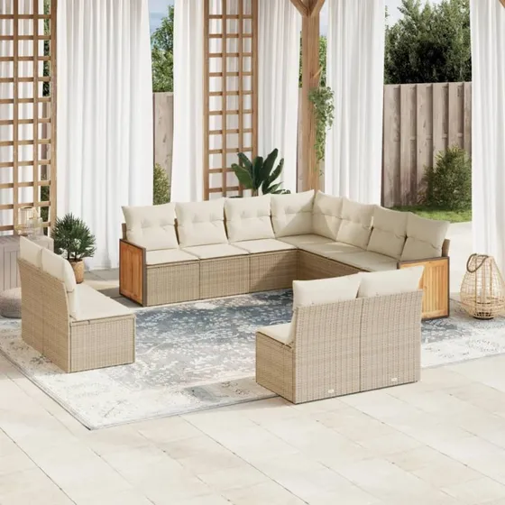 Havesofasæt 11 dele i beige polyrattan med hynder
