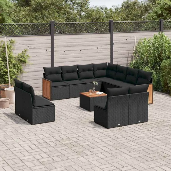 Havesofasæt 12 dele i sort polyrattan med hynder