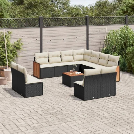 Havesofasæt 12 dele i sort polyrattan med hynder