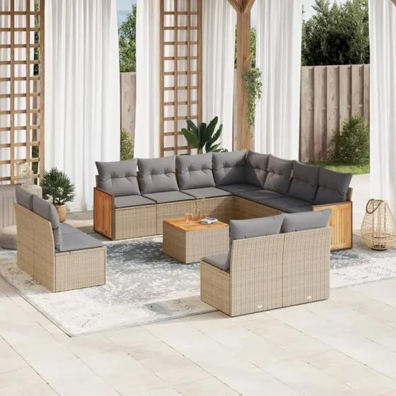Havesofasæt 12 dele i beige polyrattan med hynder