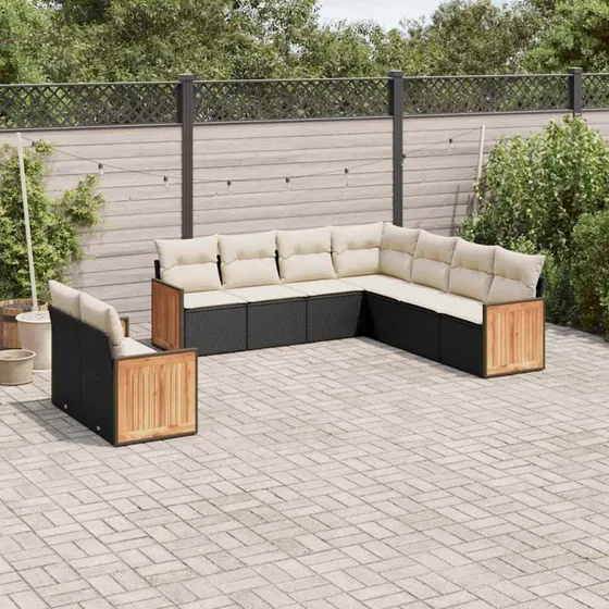 Havesofasæt i polyrattan 9 dele med hynder - sort