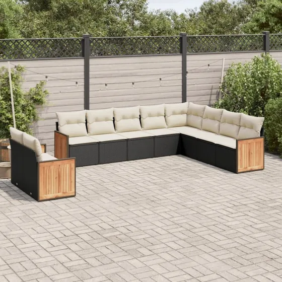 Havesofa sæt 10 dele i sort polyrattan med hynder