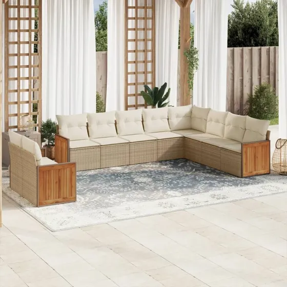 Havesofasæt 10 dele i polyrattan - beige med hynder