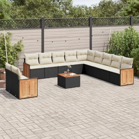 Havesofasæt 12 dele i sort polyrattan med hynder