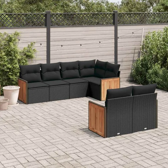Sofasæt til haven 7 dele i sort polyrattan med hynder