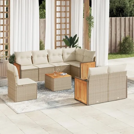 9-dele havemøbelsæt i polyrattan med hynder, beige