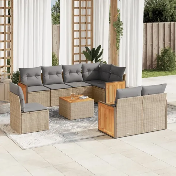 Havesæt 9 dele i polyrattan med hynder – beige