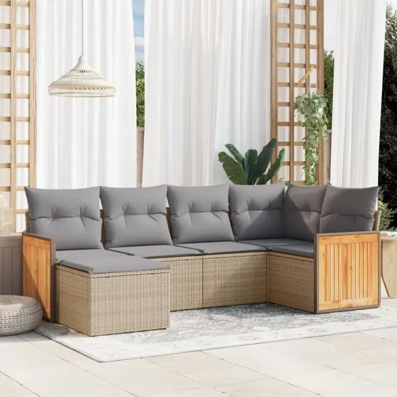 Sofasæt til haven 6 dele i beige polyrattan med hynder