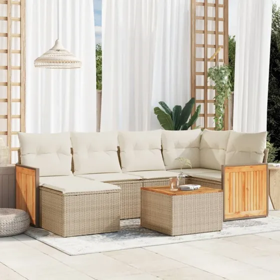 7-dele havemøbelsæt i polyrattan med hynder - beige