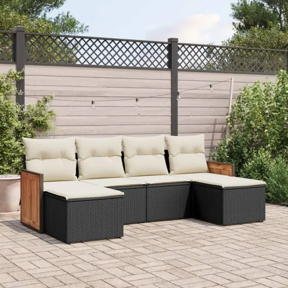 Polyrattan sofasæt til have 6 dele med hynder – sort