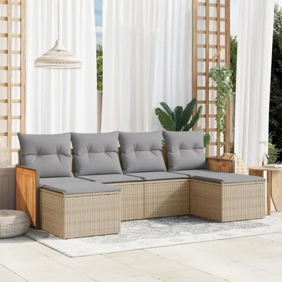 Sofasæt til haven 6 dele i polyrattan – beige med hynder