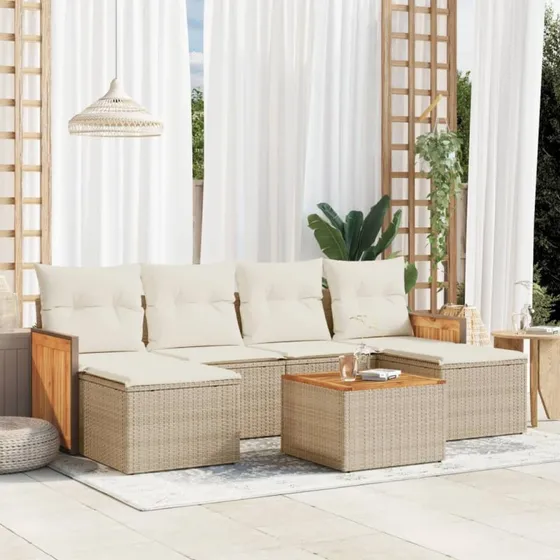 7-dele havemøbelsæt i polyrattan med hynder - beige