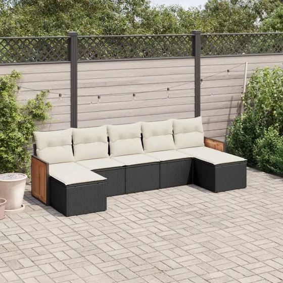 Havesæt 7 dele i sort polyrattan med hynder