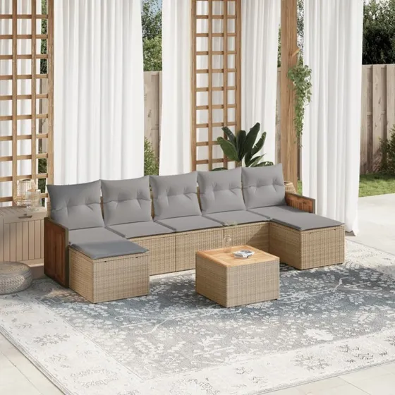 Havesofasæt 8 dele i polyrattan med hynder, beige