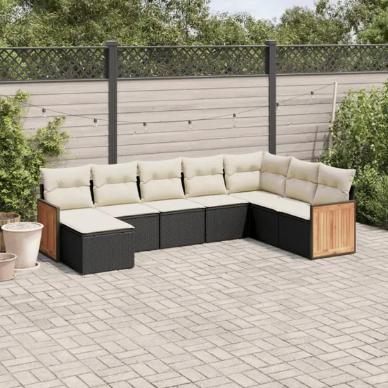 Havesæt 8 dele i sort polyrattan med hynder