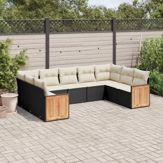 9-dele sofasæt til haven i sort polyrattan med hynder