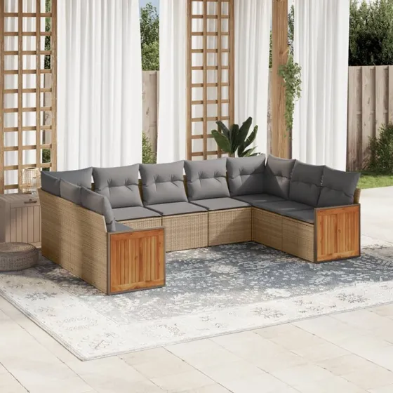 9-delers havemøbelsæt i polyrattan med hynder – beige