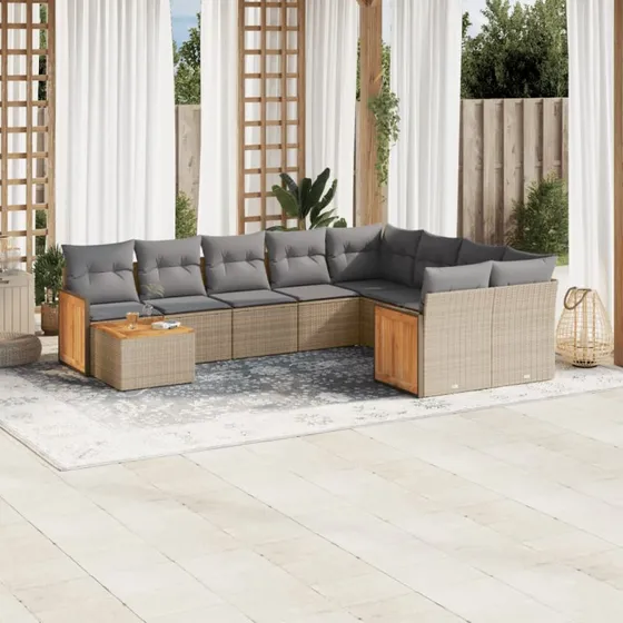 10-del polyrattan sofasæt til haven med hynder, beige