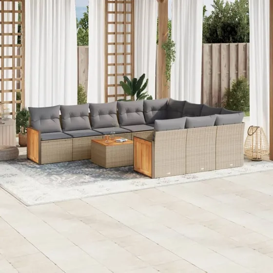 Havesofasæt 11 dele i polyrattan med hynder, beige