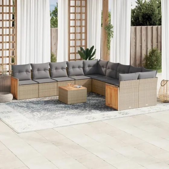 11-dele havemøbelsæt i polyrattan med hynder - beige