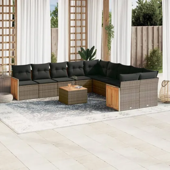 Loungesæt i polyrattan 11 dele med hynder - Grå