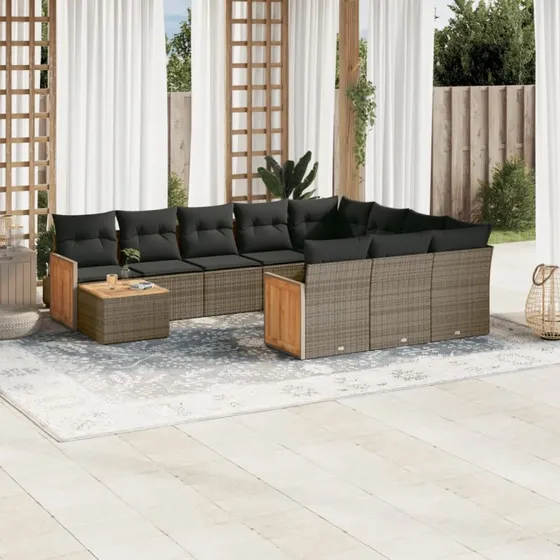 Loungesæt i polyrattan 11 dele med hynder - grå