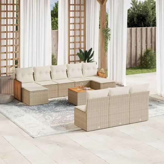 Havesofasæt 11 dele i polyrattan med hynder, beige