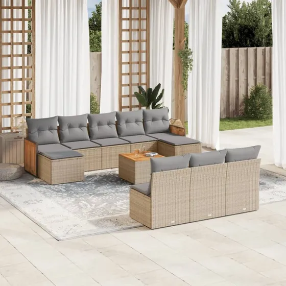 Havesofasæt 11 dele i polyrattan med hynder, beige