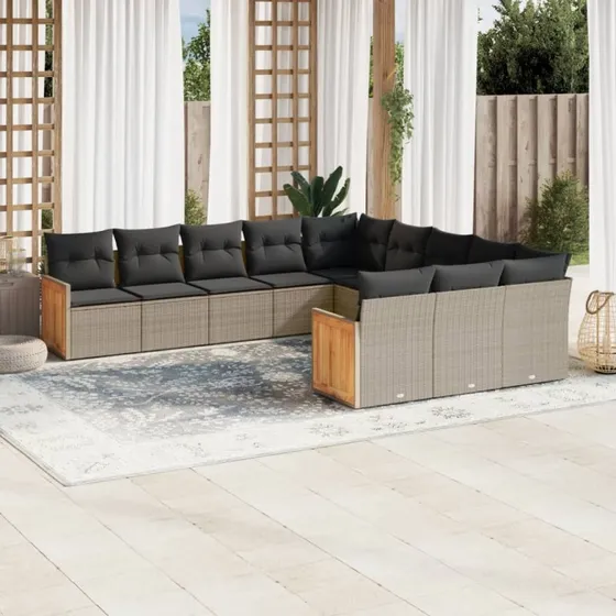 Loungesæt i polyrattan 11 dele med hynder, grå