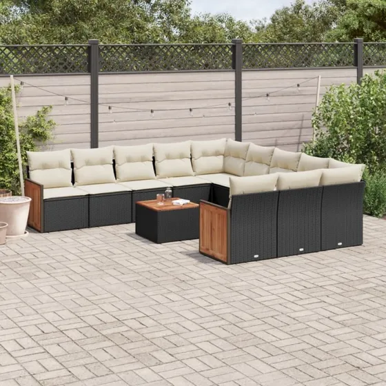 Havesofasæt 12 dele i sort polyrattan med hynder