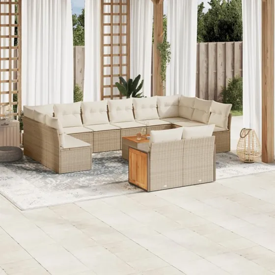 Havesofasæt 13 dele i polyrattan med hynder – beige