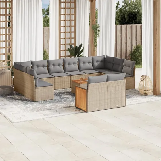 13-dele sofasæt i polyrattan med hynder – beige