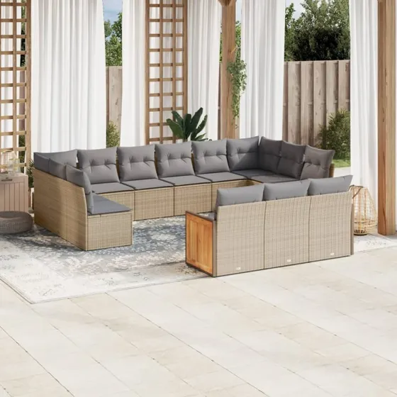 Havesofasæt 13 dele i polyrattan med hynder, beige