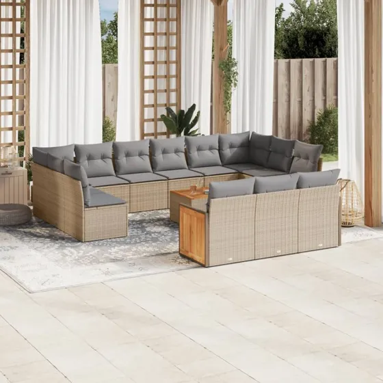 Polyrattan havemøbel­sæt 14 dele med hynder - beige