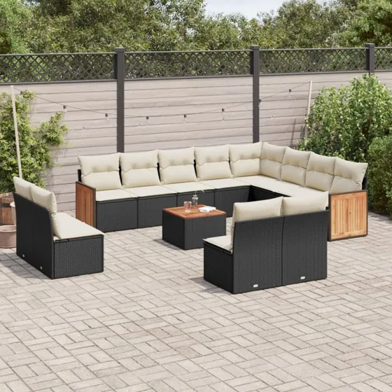 Havesofasæt 13 dele i sort polyrattan med hynder