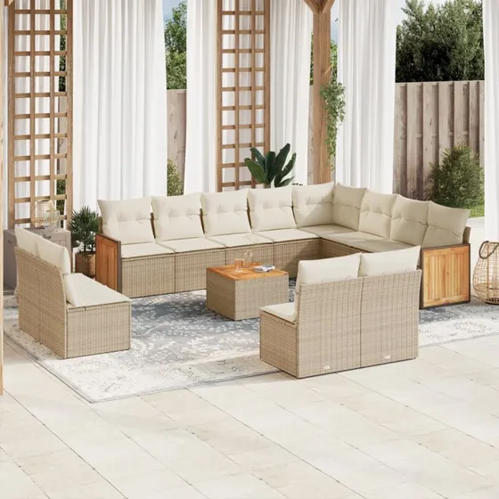 Havesofasæt 13 dele i polyrattan med hynder – beige