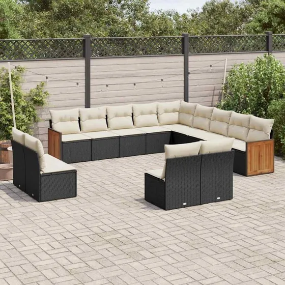 Havesofasæt 13 dele i sort polyrattan med hynder