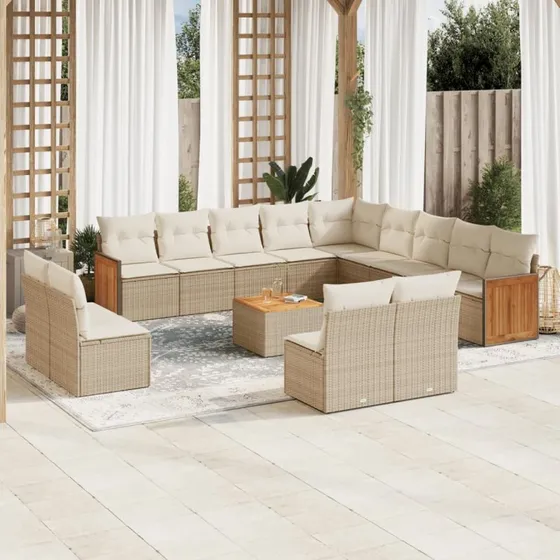 Havesofasæt 14 dele i polyrattan med hynder - Beige
