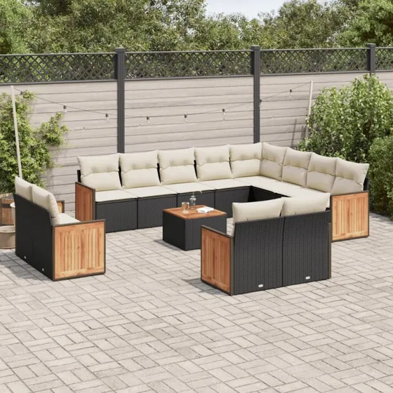 Havesofasæt 13 dele i polyrattan med hynder - sort