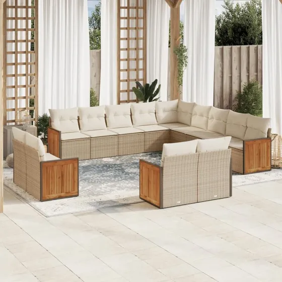 Havesofasæt 13 dele i beige polyrattan med hynder