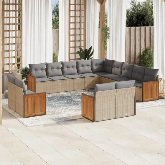 Havesofasæt 13 dele i polyrattan med hynder - beige