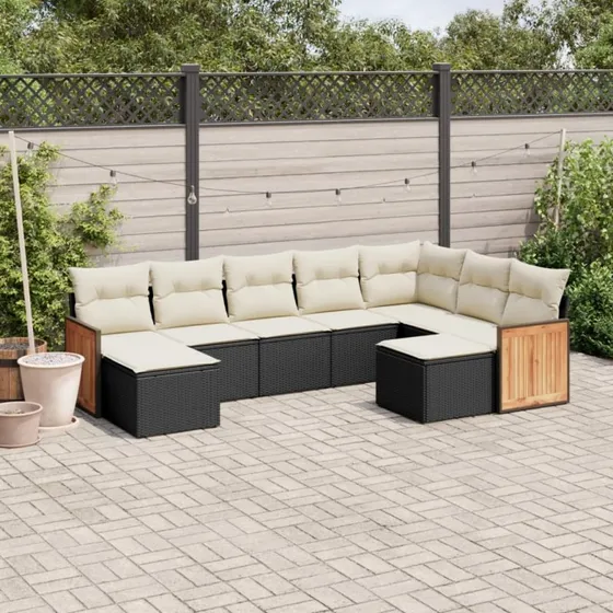 Havesofasæt 9 dele i polyrattan sort med hynder
