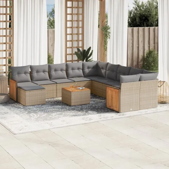Havesofasæt 12 dele i polyrattan med hynder – beige
